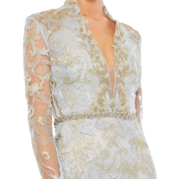 MAC DUGGAL 11165 LONG SLEEVE APPLIQUE V-NECK POWDER BLUE GOWN sz 14 - Picture 2 of 3